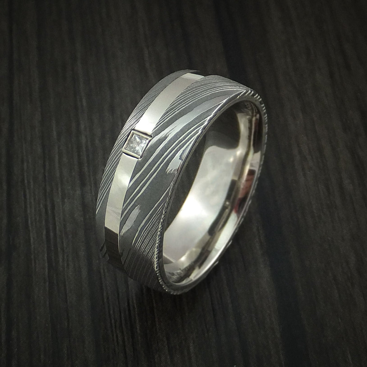 Kauri XI - Damascus Steel and 14K White Gold Men's Wedding Ring with Diamond Band - view 4 - Nura Lab