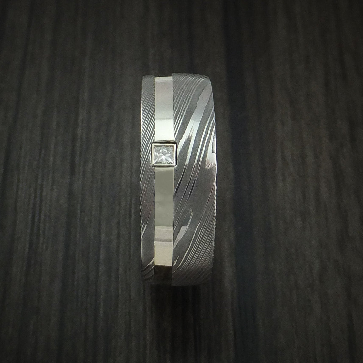 Kauri XI - Damascus Steel and 14K White Gold Men's Wedding Ring with Diamond Band - view 3 - Nura Lab