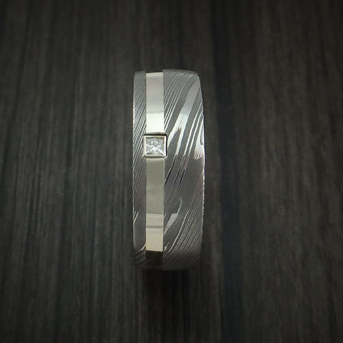 Kauri XI - Damascus Steel and 14K White Gold Men's Wedding Ring with Diamond Band - view 3 - Nura Lab