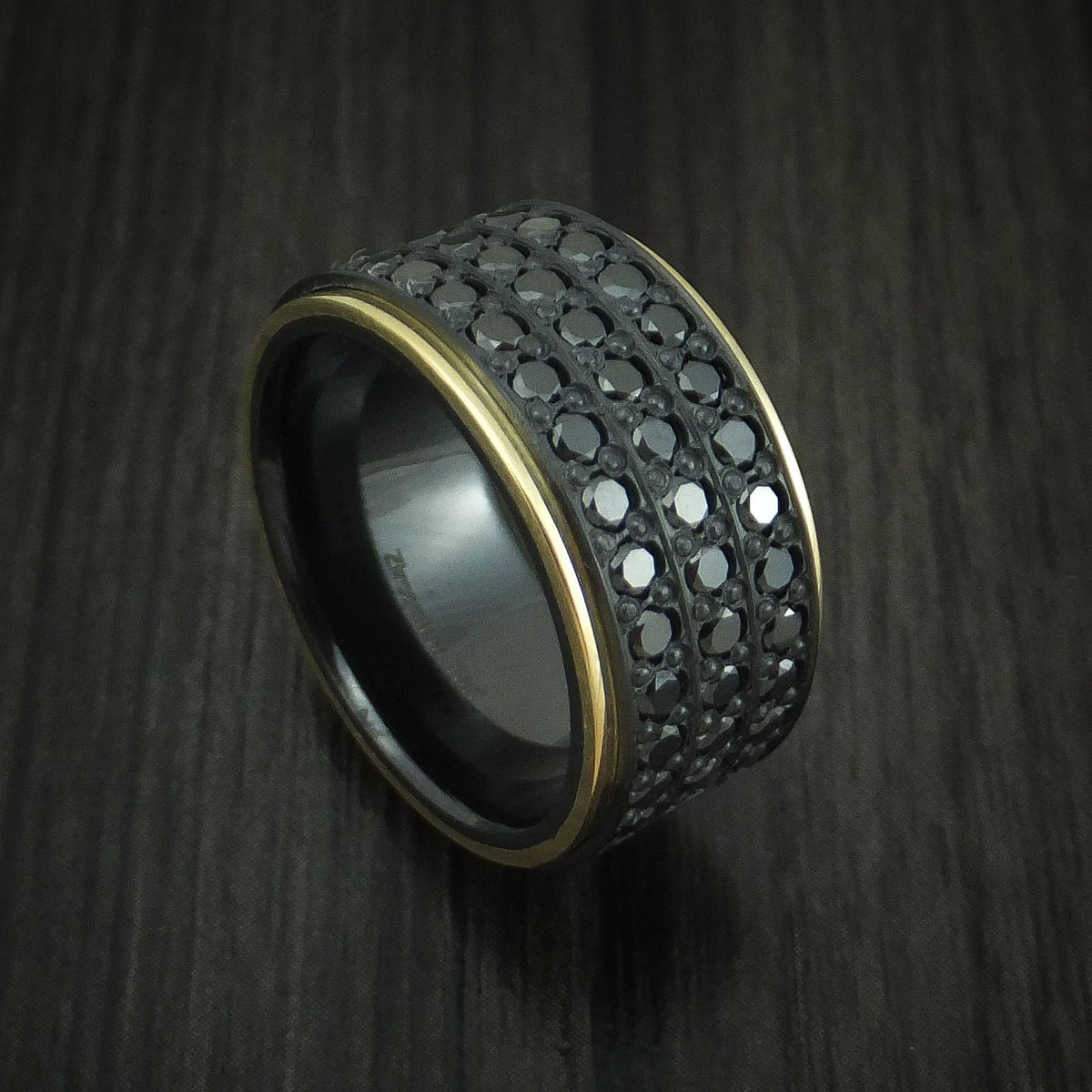 Vanguard XVIII - Black Zirconium Men's Wedding Ring with 18K Yellow Gold and 44 Beautiful Black Diamonds Band - Nura Lab