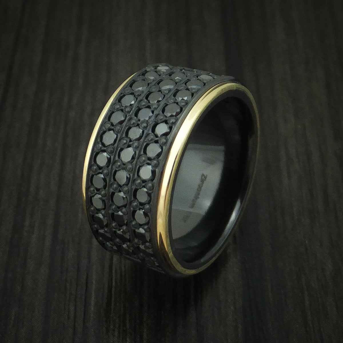 Vanguard XVIII - Black Zirconium Men's Wedding Ring with 18K Yellow Gold and 44 Beautiful Black Diamonds Band - view 4 - Nura Lab