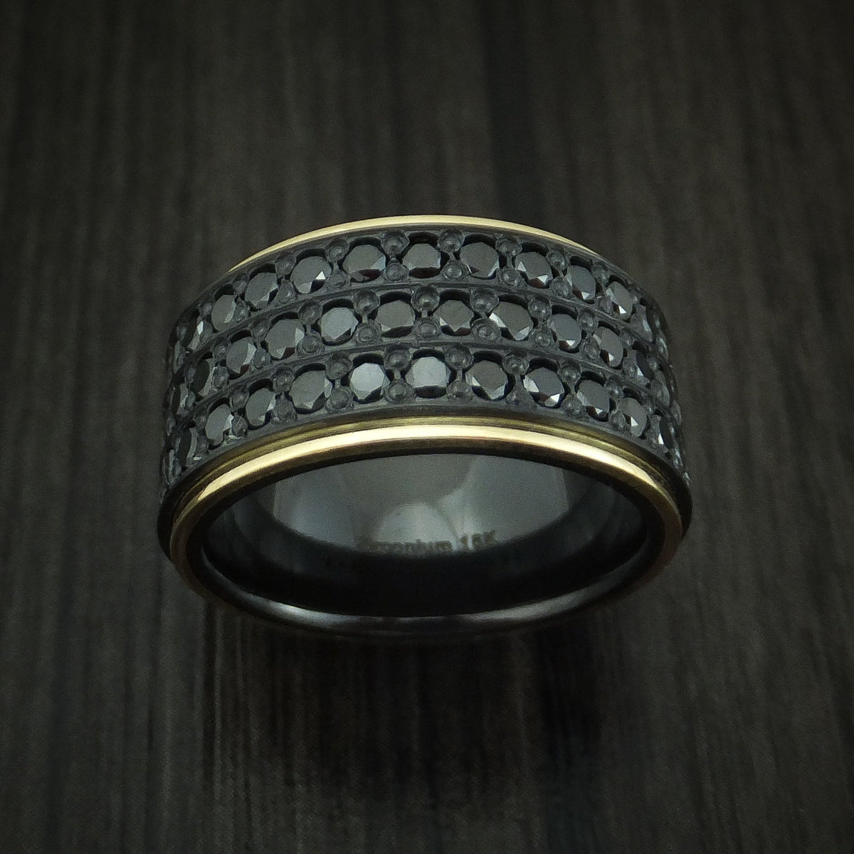 Vanguard XVIII - Black Zirconium Men's Wedding Ring with 18K Yellow Gold and 44 Beautiful Black Diamonds Band - view 2 - Nura Lab