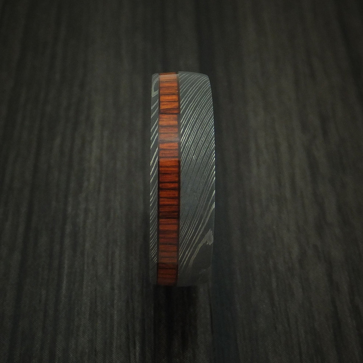 Ember X - Damascus Steel Men's Wedding Ring Inlaid With Cocobolo Band - view 3 - Nura Lab