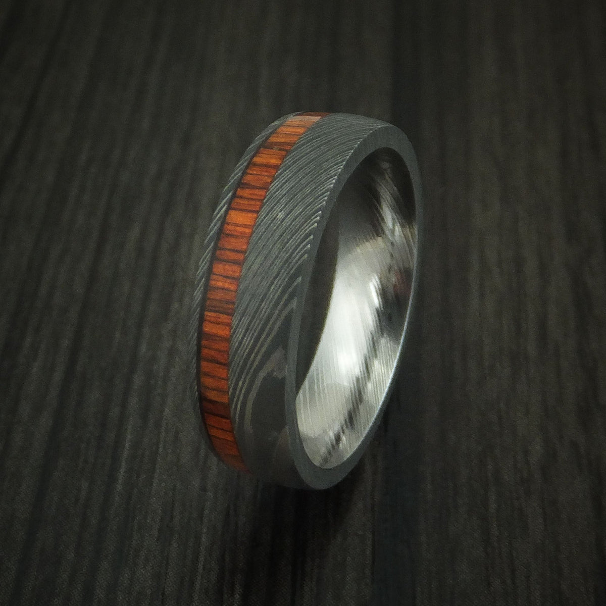 Ember X - Damascus Steel Men's Wedding Ring Inlaid With Cocobolo Band - view 4 - Nura Lab