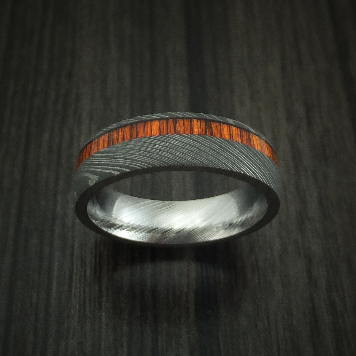 Ember X - Damascus Steel Men's Wedding Ring Inlaid With Cocobolo Band - view 2 - Nura Lab