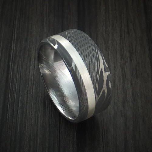 Leonidas XI - Damascus Steel and Silver Inlay Men's Wedding Ring Band - Nura Lab