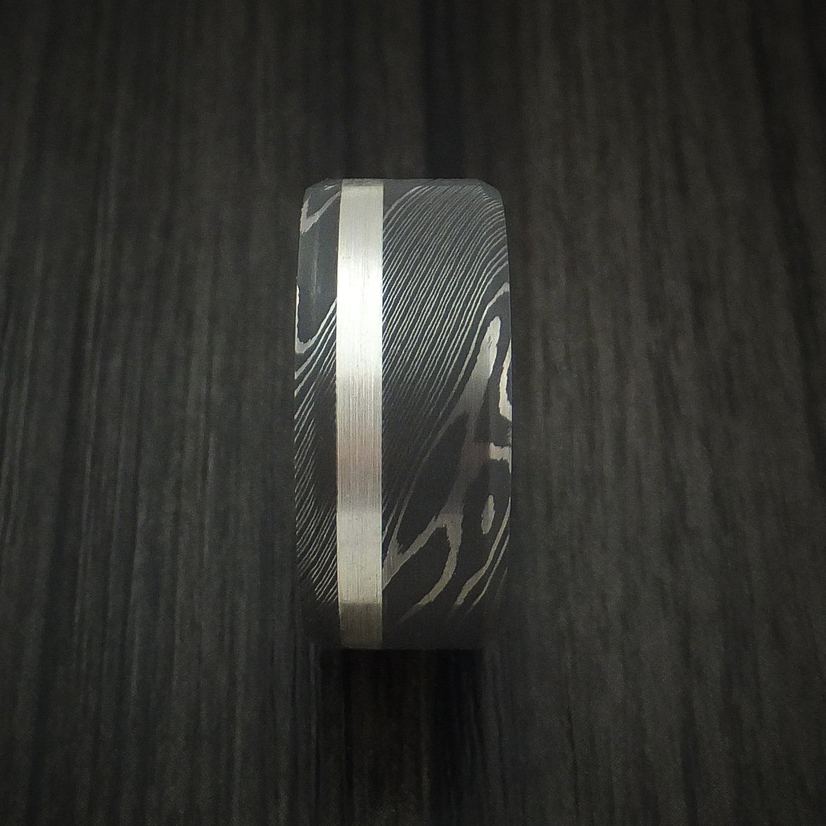 Leonidas XI - Damascus Steel and Silver Inlay Men's Wedding Ring Band - view 3 - Nura Lab