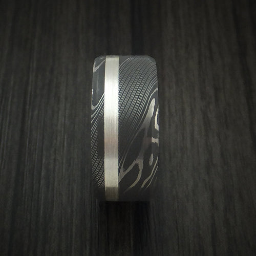 Leonidas XI - Damascus Steel and Silver Inlay Men's Wedding Ring Band - view 3 - Nura Lab