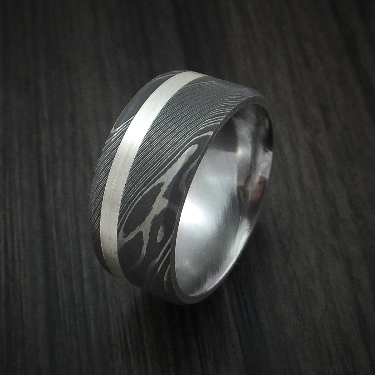 Leonidas XI - Damascus Steel and Silver Inlay Men's Wedding Ring Band - view 4 - Nura Lab