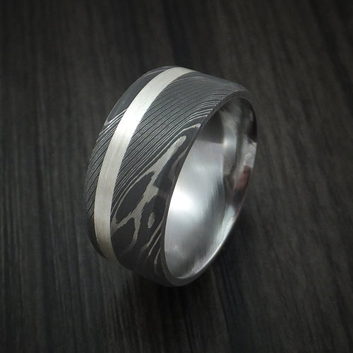 Leonidas XI - Damascus Steel and Silver Inlay Men's Wedding Ring Band - view 4 - Nura Lab