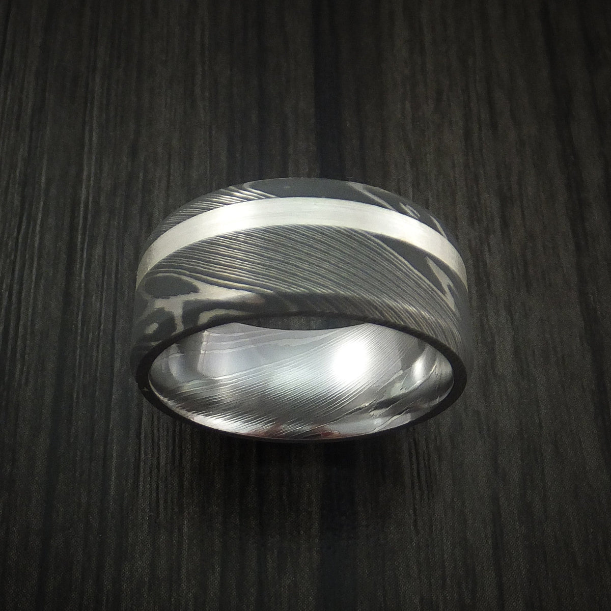 Leonidas XI - Damascus Steel and Silver Inlay Men's Wedding Ring Band - view 2 - Nura Lab