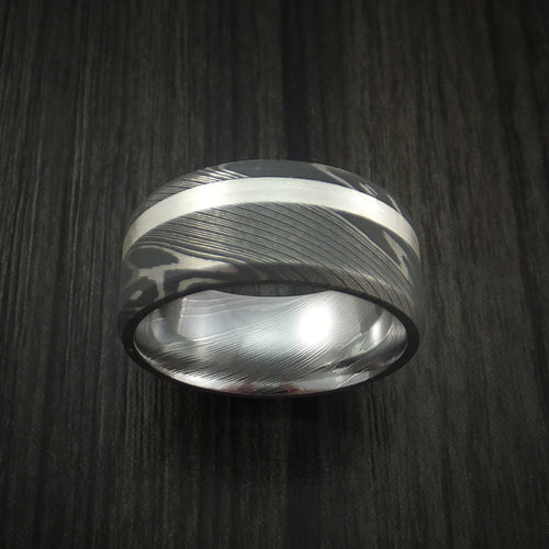 Leonidas XI - Damascus Steel and Silver Inlay Men's Wedding Ring Band - view 2 - Nura Lab