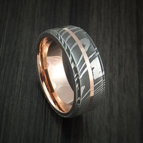 Stronghold XI - Damascus Steel 14K Rose Gold Men's Ring with Gold Sleeve Wedding Ring - Nura Lab