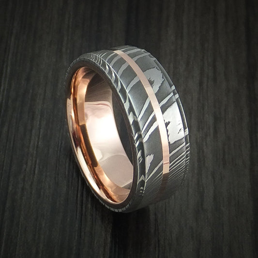 Stronghold XI - Damascus Steel 14K Rose Gold Men's Ring with Gold Sleeve Wedding Ring - Nura Lab
