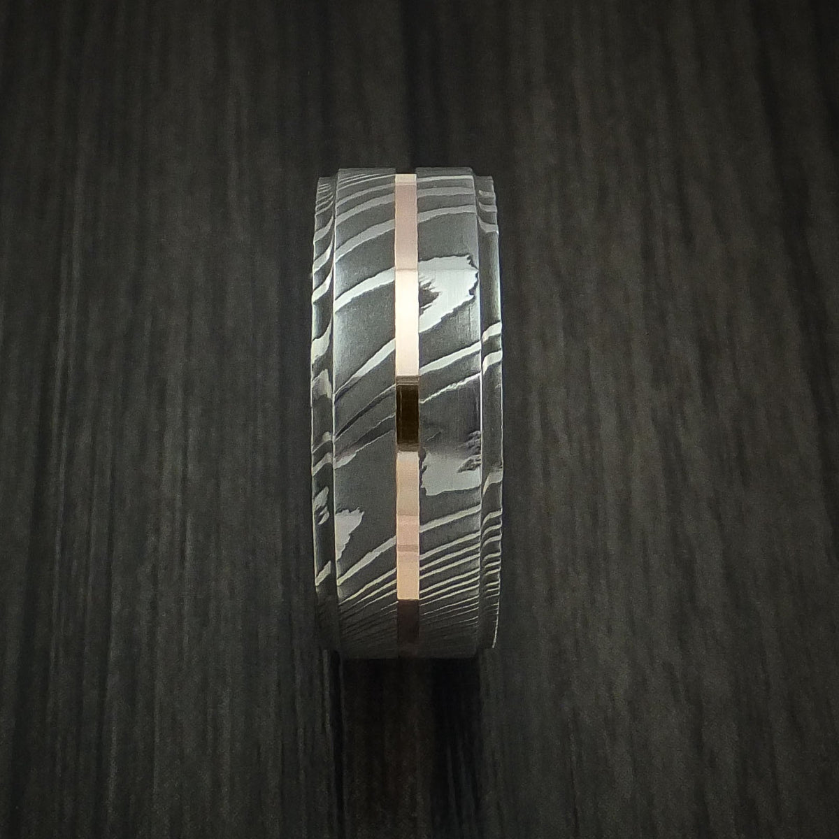 Stronghold XI - Damascus Steel 14K Rose Gold Men's Ring with Gold Sleeve Wedding Ring - view 3 - Nura Lab
