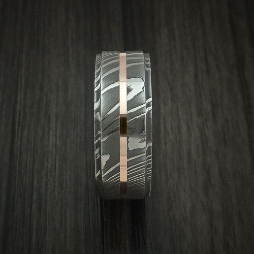Stronghold XI - Damascus Steel 14K Rose Gold Men's Ring with Gold Sleeve Wedding Ring - view 3 - Nura Lab