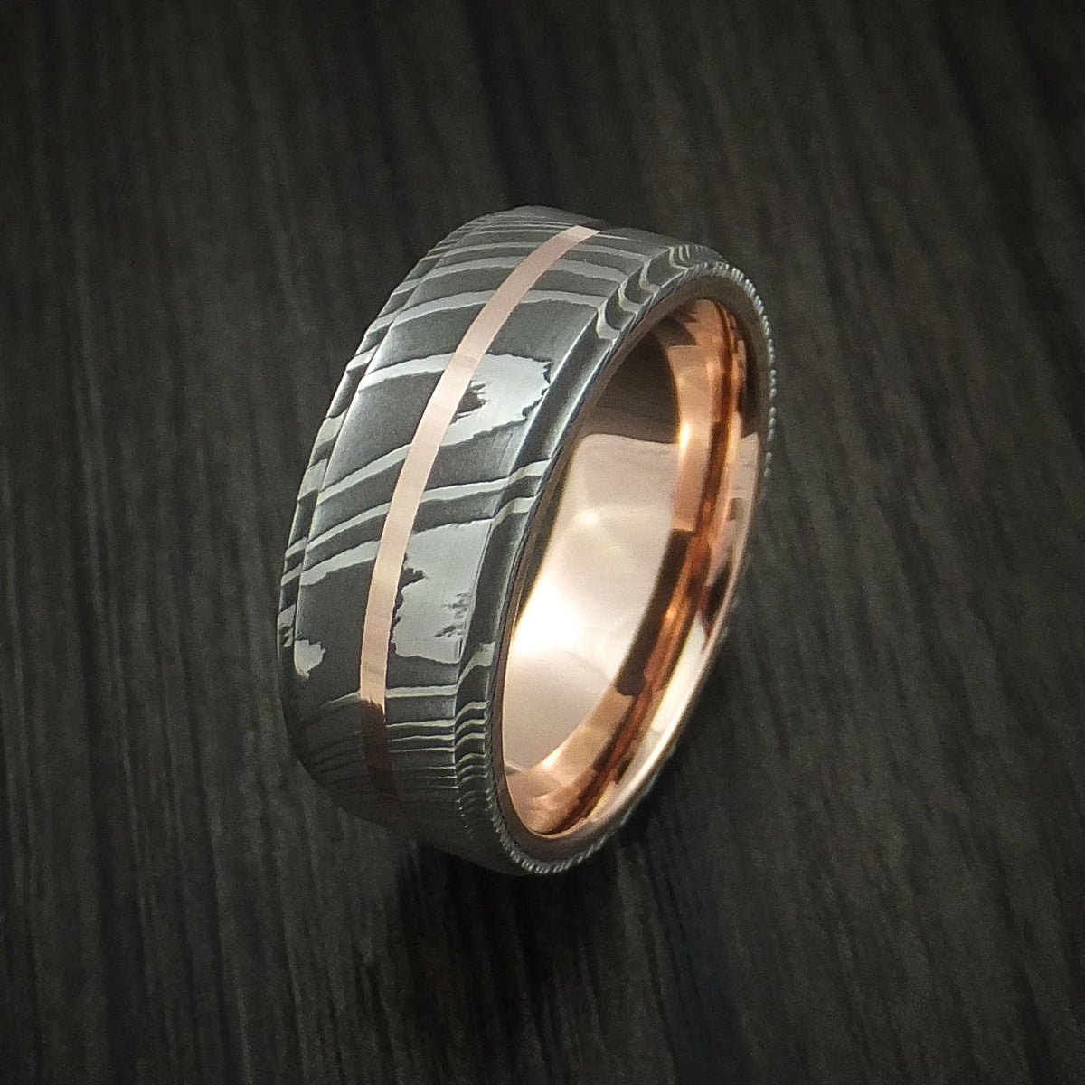 Stronghold XI - Damascus Steel 14K Rose Gold Men's Ring with Gold Sleeve Wedding Ring - view 4 - Nura Lab