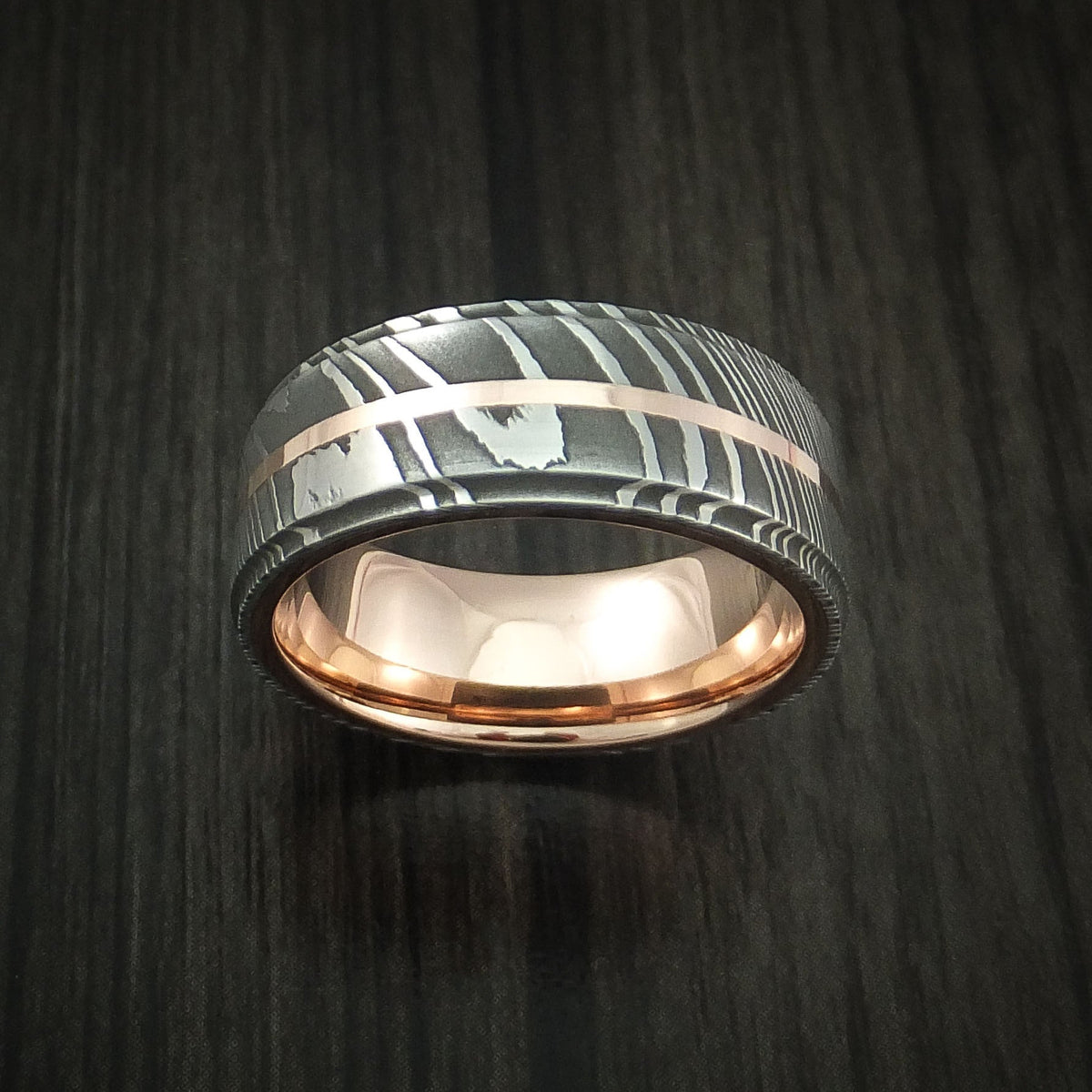 Stronghold XI - Damascus Steel 14K Rose Gold Men's Ring with Gold Sleeve Wedding Ring - view 2 - Nura Lab