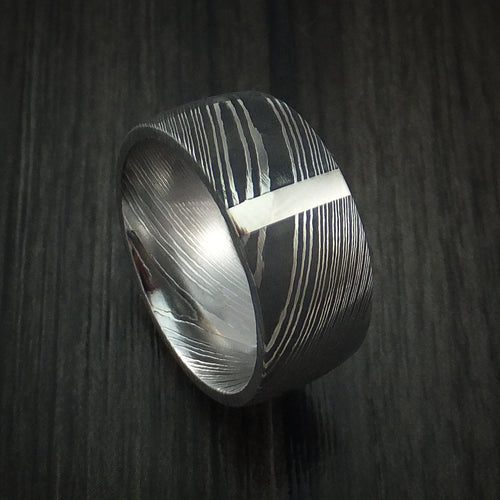 Northwind XI - Damascus Steel 14K White Gold Vertical Inlay Men's Ring Wedding Ring - Nura Lab