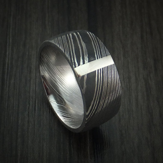 Northwind XI - Damascus Steel 14K White Gold Vertical Inlay Men's Ring Wedding Ring - Nura Lab