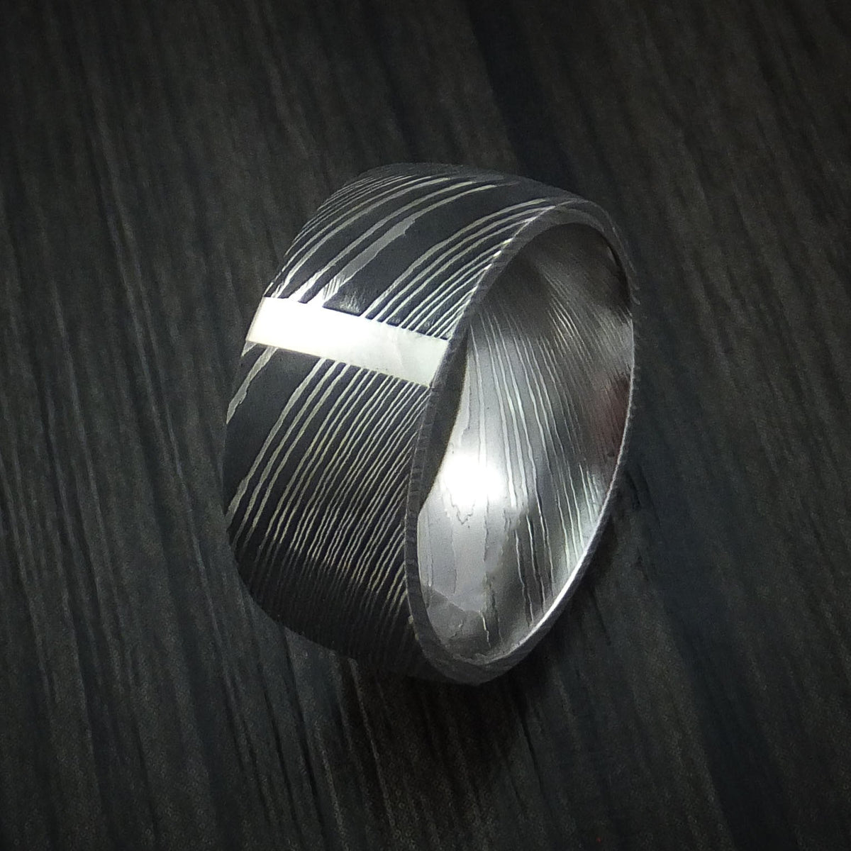 Northwind XI - Damascus Steel 14K White Gold Vertical Inlay Men's Ring Wedding Ring - view 4 - Nura Lab