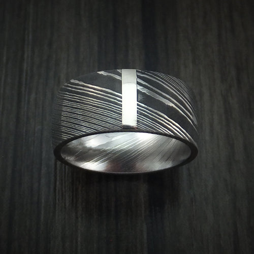 Northwind XI - Damascus Steel 14K White Gold Vertical Inlay Men's Ring Wedding Ring - view 2 - Nura Lab