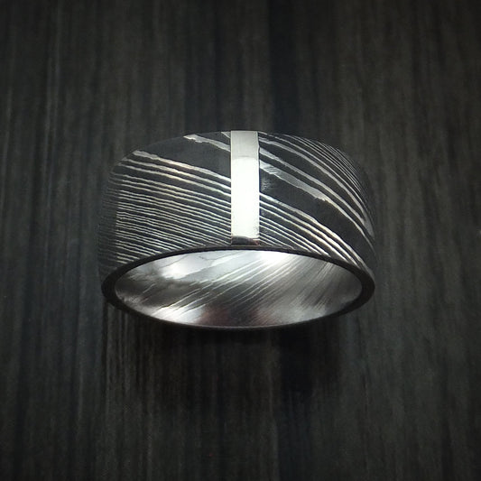 Northwind XI - Damascus Steel 14K White Gold Vertical Inlay Men's Ring Wedding Ring - view 2 - Nura Lab