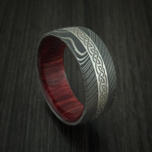 Waitakere X - Damascus Steel Celtic Men's Wedding Ring With Platinum Inlay And Wood Sleeve Band - Nura Lab