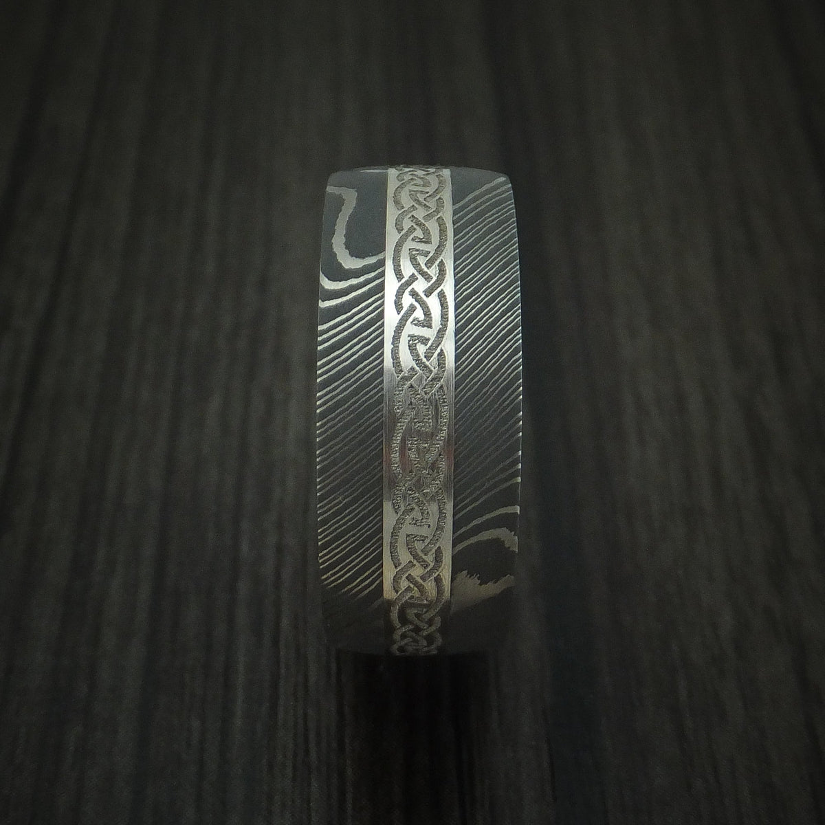 Waitakere X - Damascus Steel Celtic Men's Wedding Ring With Platinum Inlay And Wood Sleeve Band - view 3 - Nura Lab