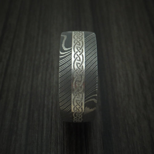 Waitakere X - Damascus Steel Celtic Men's Wedding Ring With Platinum Inlay And Wood Sleeve Band - view 3 - Nura Lab