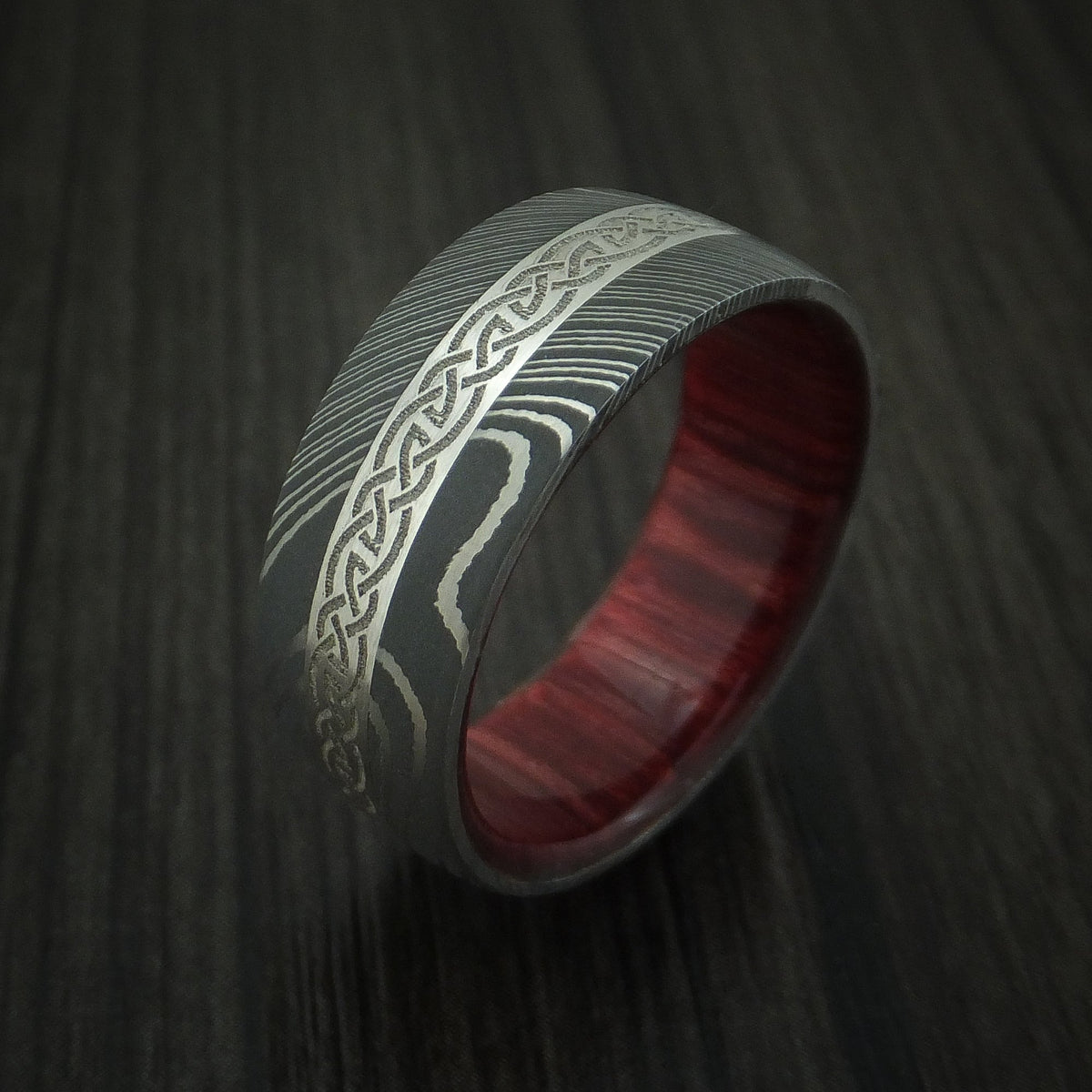 Waitakere X - Damascus Steel Celtic Men's Wedding Ring With Platinum Inlay And Wood Sleeve Band - view 4 - Nura Lab