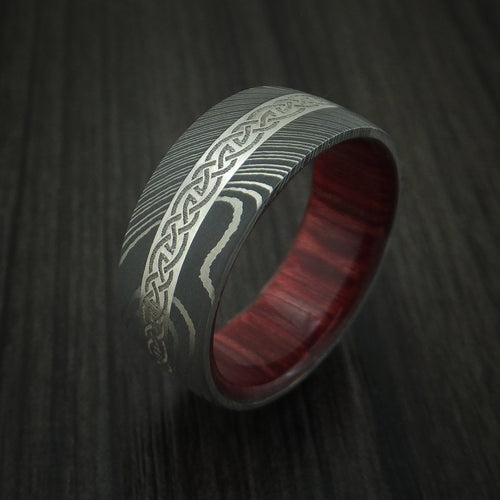 Waitakere X - Damascus Steel Celtic Men's Wedding Ring With Platinum Inlay And Wood Sleeve Band - view 4 - Nura Lab
