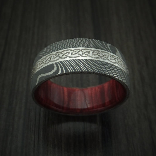 Waitakere X - Damascus Steel Celtic Men's Wedding Ring With Platinum Inlay And Wood Sleeve Band - view 2 - Nura Lab