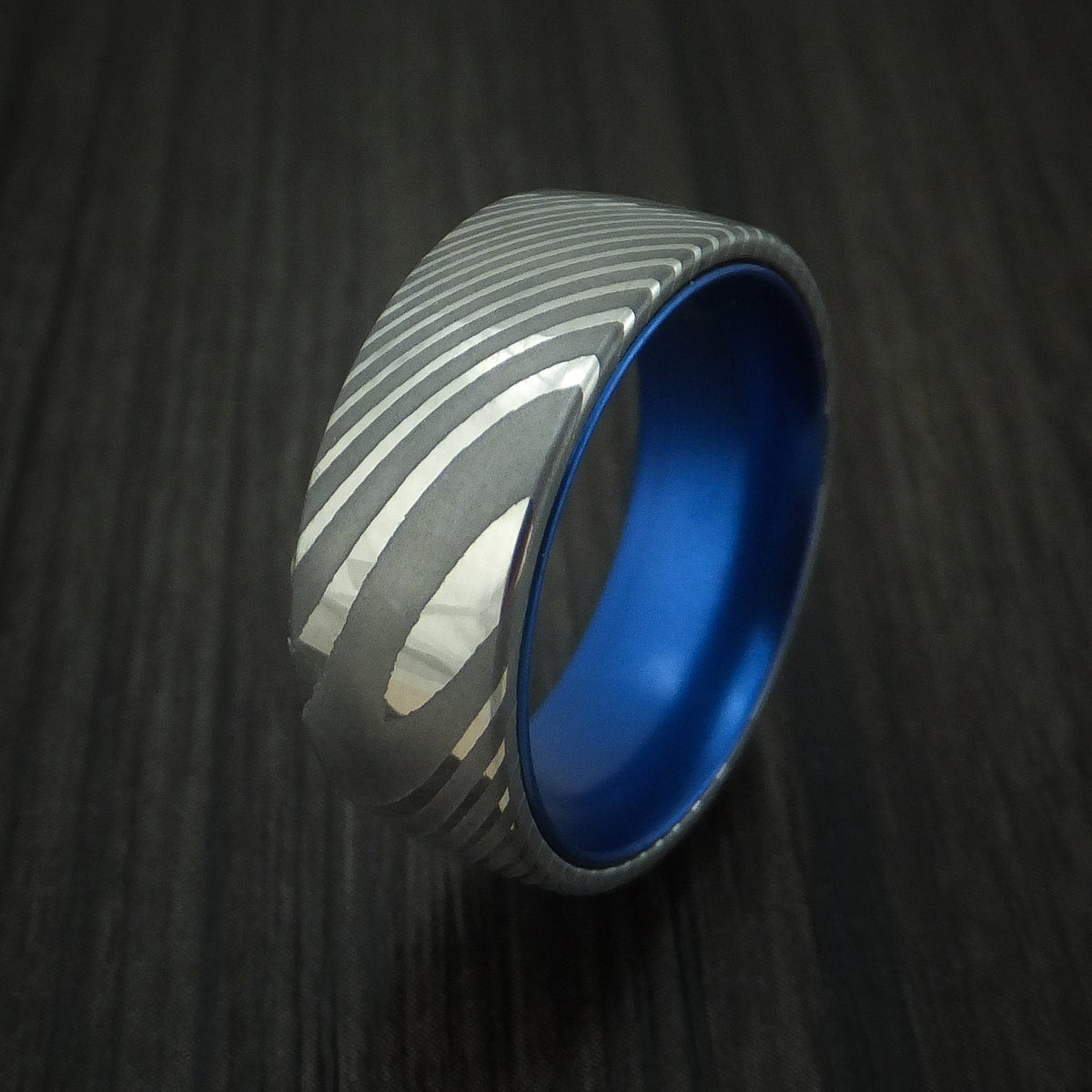 Tasman IX - Damascus Steel Men's Wedding Ring with Anodized Sleeve - view 3 - Nura Lab