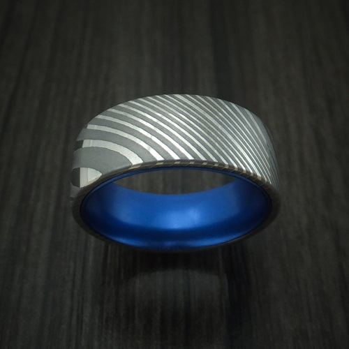 Tasman IX - Damascus Steel Men's Wedding Ring with Anodized Sleeve - view 2 - Nura Lab