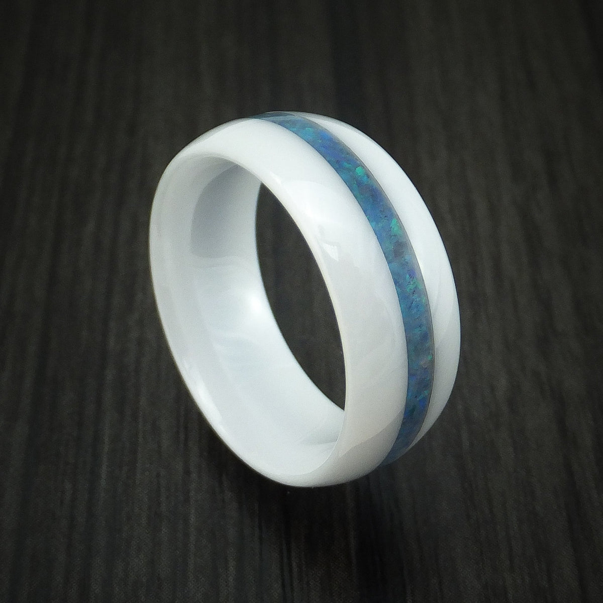 Flint XVII - White Ceramic Men's Wedding Ring With Opal Inlay Band - Nura Lab