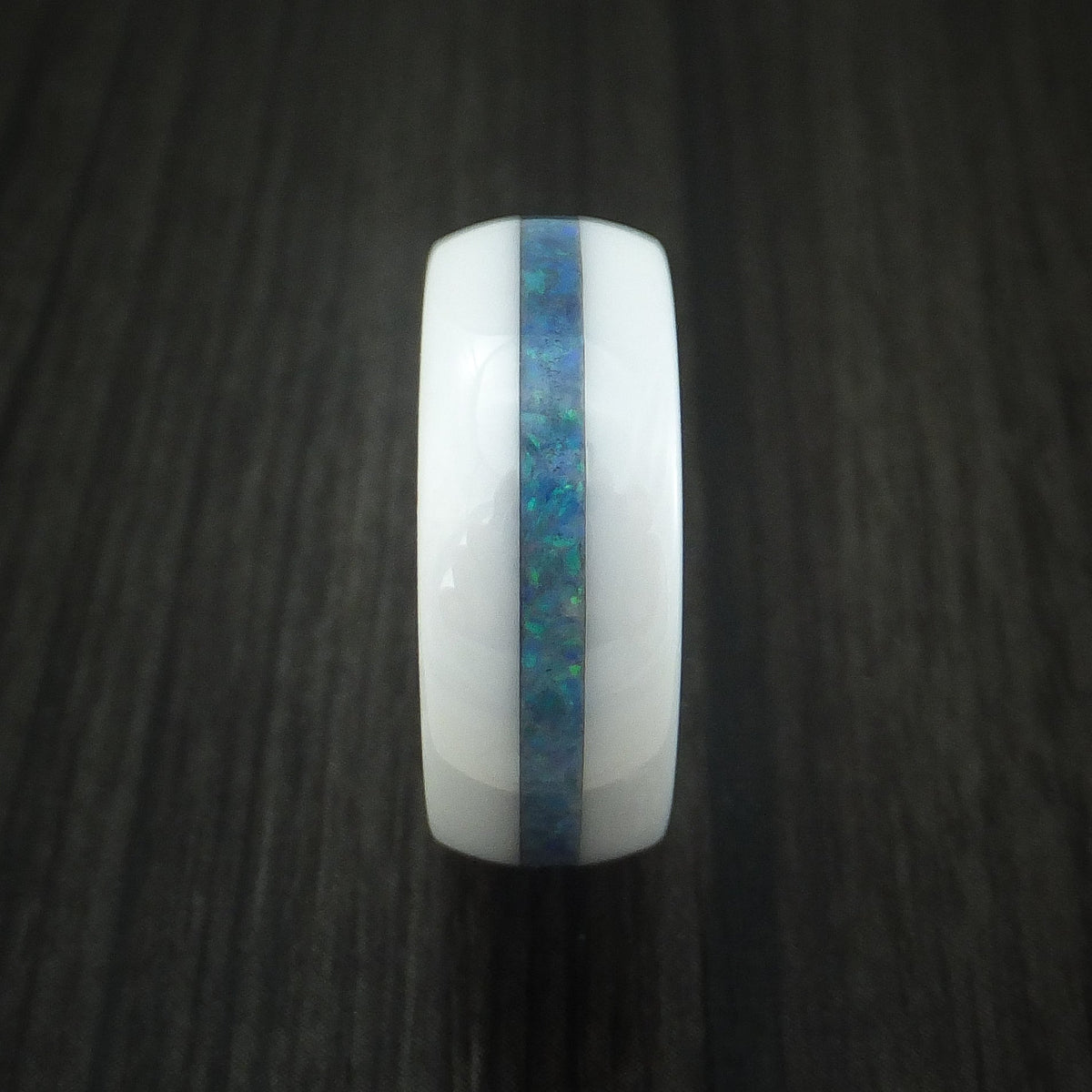 Flint XVII - White Ceramic Men's Wedding Ring With Opal Inlay Band - view 3 - Nura Lab