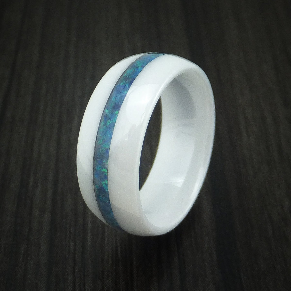Flint XVII - White Ceramic Men's Wedding Ring With Opal Inlay Band - view 4 - Nura Lab