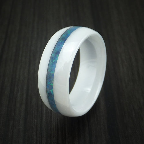 Flint XVII - White Ceramic Men's Wedding Ring With Opal Inlay Band - view 4 - Nura Lab