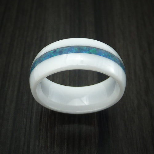 Flint XVII - White Ceramic Men's Wedding Ring With Opal Inlay Band - view 2 - Nura Lab