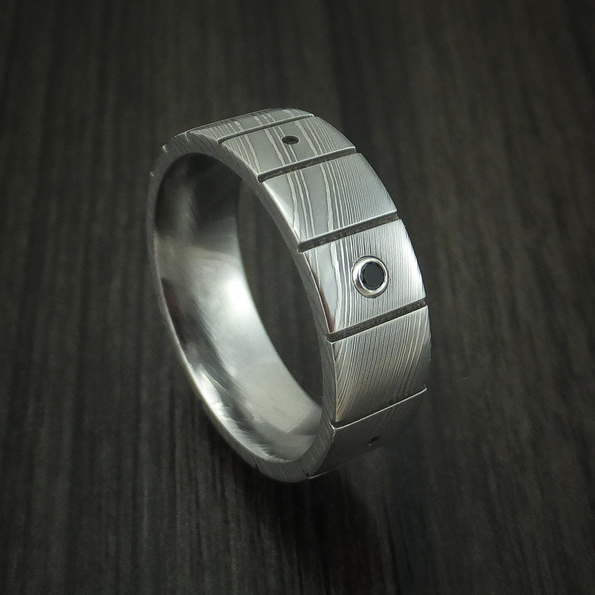 Nightfall XI - Damascus Steel and Black Diamond Guitar Fret Men's Wedding Ring - Nura Lab