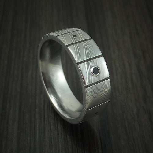 Nightfall XI - Damascus Steel and Black Diamond Guitar Fret Men's Wedding Ring - Nura Lab