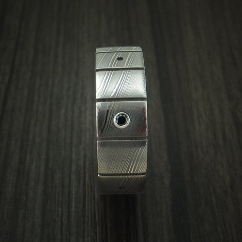 Nightfall XI - Damascus Steel and Black Diamond Guitar Fret Men's Wedding Ring - view 3 - Nura Lab