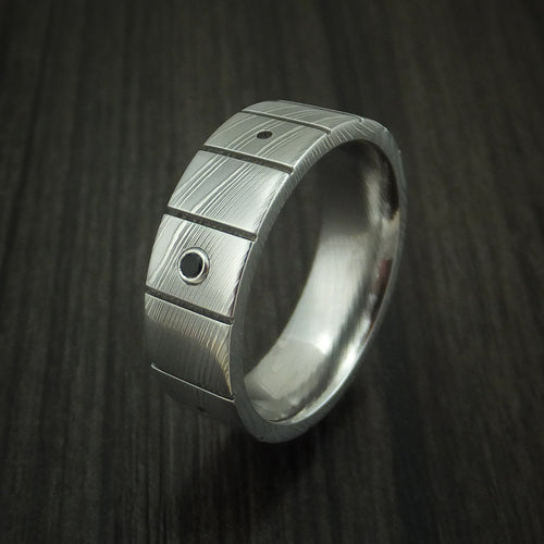 Nightfall XI - Damascus Steel and Black Diamond Guitar Fret Men's Wedding Ring - view 4 - Nura Lab