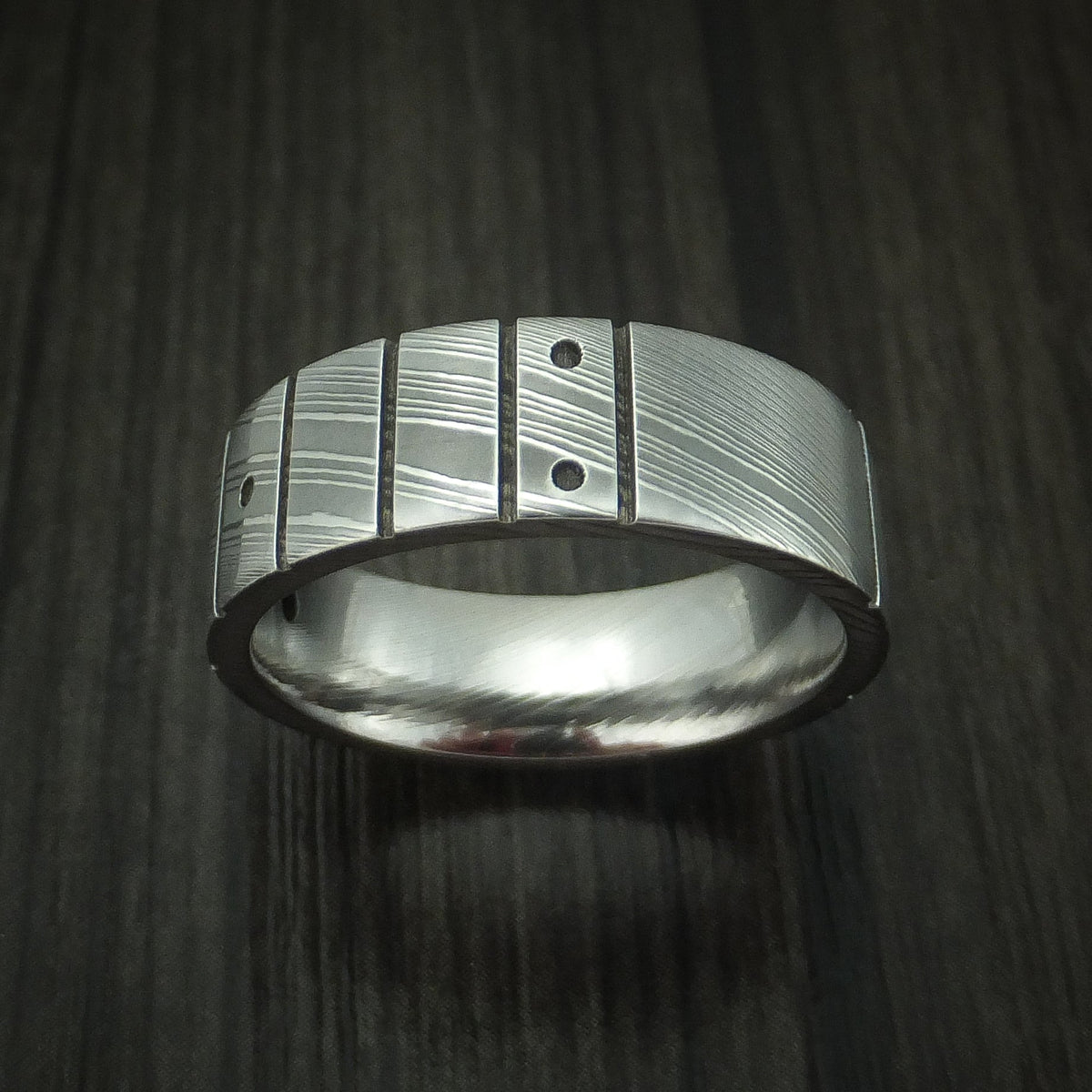 Nightfall XI - Damascus Steel and Black Diamond Guitar Fret Men's Wedding Ring - view 2 - Nura Lab