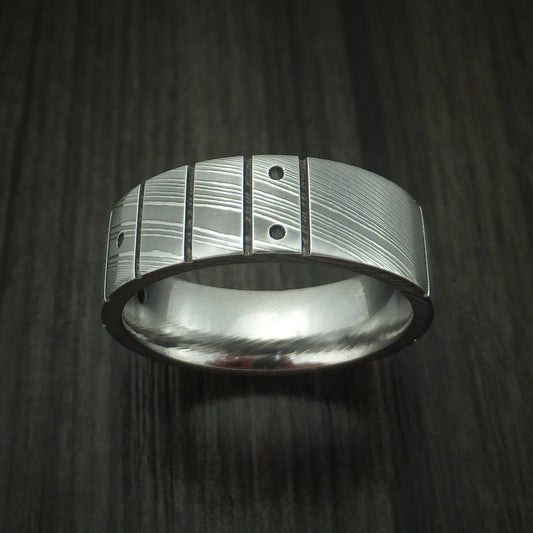 Nightfall XI - Damascus Steel and Black Diamond Guitar Fret Men's Wedding Ring - view 2 - Nura Lab