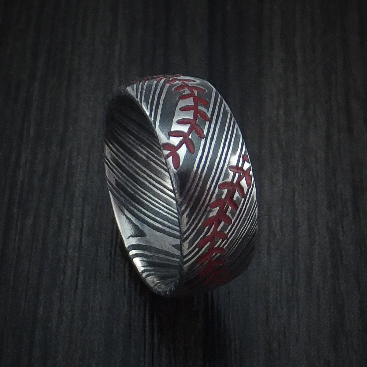 Summit XI - Woodgrain Kuro Damascus Steel Baseball Men's Wedding Ring with Double Stitching Acid Finish - Nura Lab