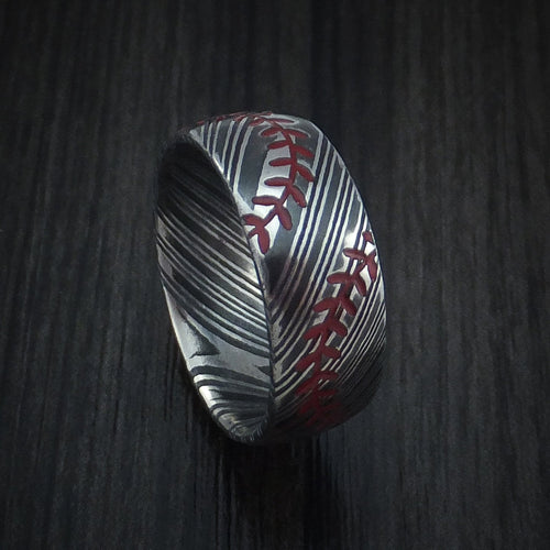 Summit XI - Woodgrain Kuro Damascus Steel Baseball Men's Wedding Ring with Double Stitching Acid Finish - Nura Lab