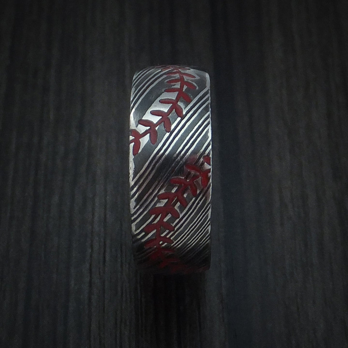 Summit XI - Woodgrain Kuro Damascus Steel Baseball Men's Wedding Ring with Double Stitching Acid Finish - view 3 - Nura Lab
