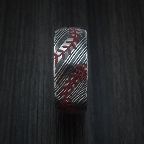Summit XI - Woodgrain Kuro Damascus Steel Baseball Men's Wedding Ring with Double Stitching Acid Finish - view 3 - Nura Lab
